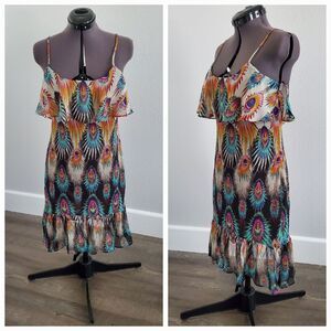 Buffalo Women’s Dress XS Black Orange Blue Peacock Print Lightweight Sleeveless